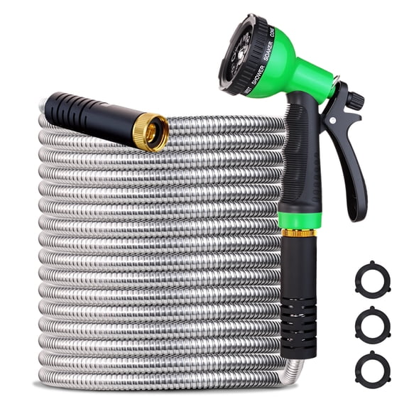 Heavy Duty 10-Function Hose Nozzle Brass Fittings with Metal Garden Hose 50ft,304 Stainless Steel Garden Hose,Flexible,Leak Puncture Proof Water Hose