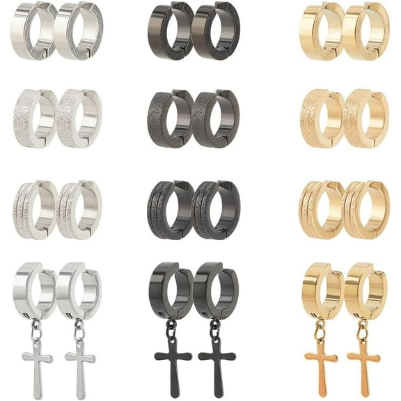 12 Pairs Clip On Earrings Men Non Piercing Earrings for Men Stainless Steel Earrings for Men and Women Fashion Piercing Jewelry Dangle Hoop Earrings Set Gift for Christmas Easter