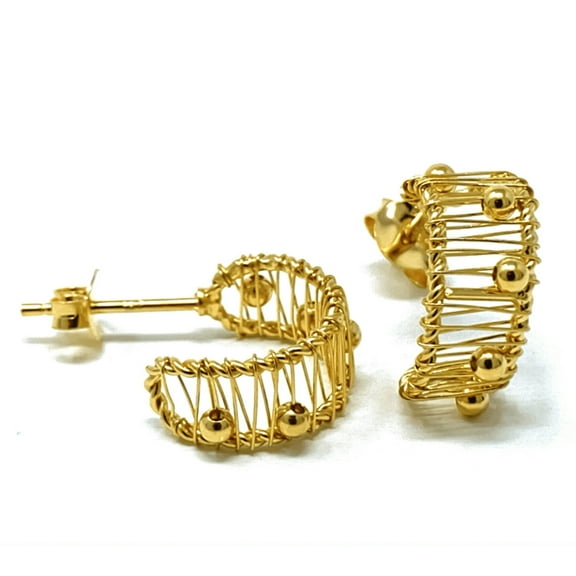 14k Gold Plated Sterling Silver C-Hoop Earrings – Modern Wire Wrapped Half Hoops with Sliding Beads