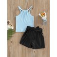 thumbnail image 5 of hirigin Girls Shorts Set Ribbed Letter Print Sleeveless Sling Tops + High Waist Leather Shorts Cute Two-Piece Set, 5 of 9