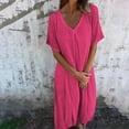 thumbnail image 2 of ClodeEU Women's Linen Blend V Neck Short Sleeve Midi Dress,Lightweight Casual Loose Fit Summer Dress Hot Pink,Women's Plus XXL, 2 of 9