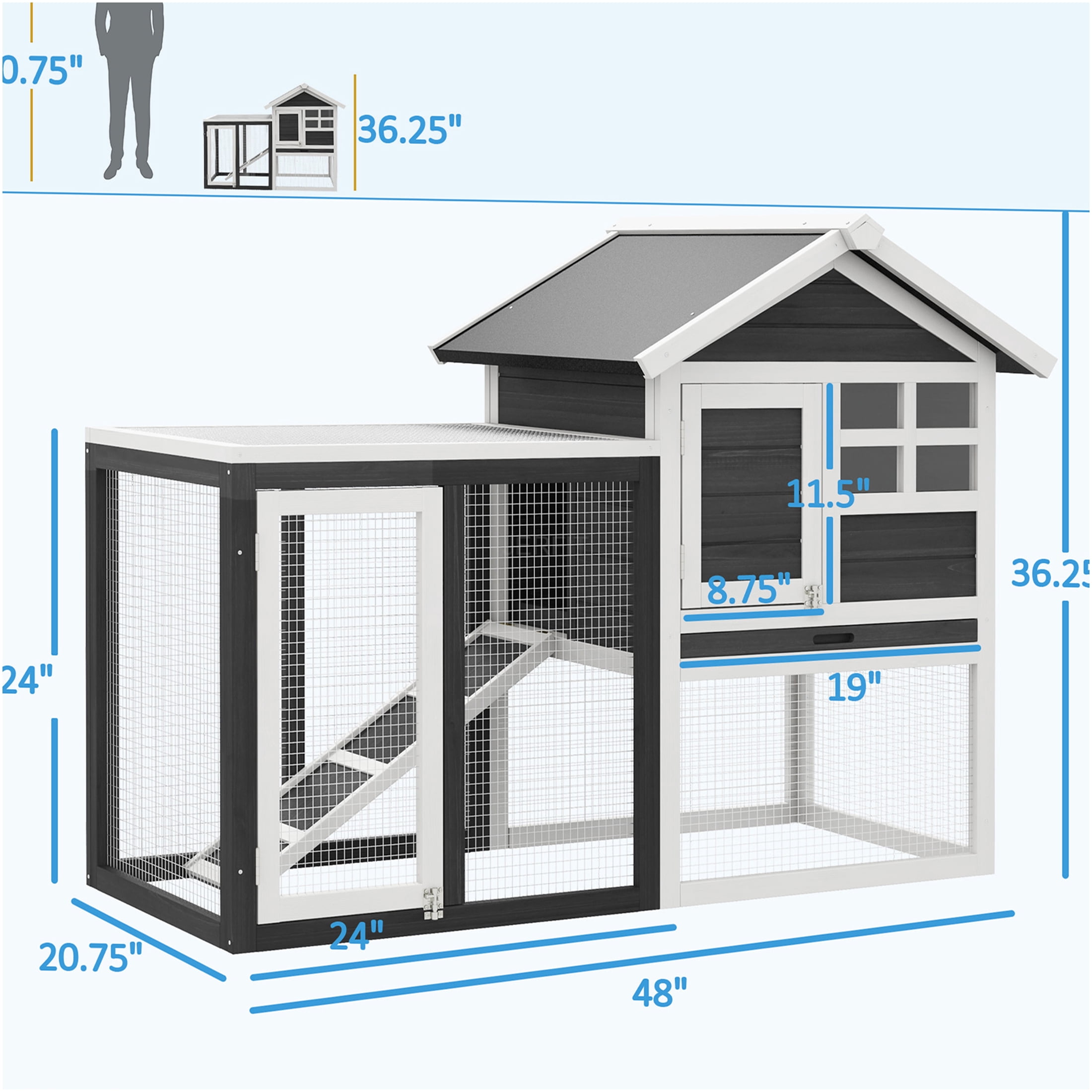 JERFIT 48 Inch Outdoor Rabbit Hutch with Waterproof Roof, Removable Tray & Ramp, Bunny Cage with Open Play Area, Grey and White