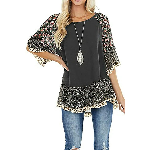 Txlixc Blusa de Media Manga para Mujer, Blusa de Cuello Redondo con Estampado Floral de Leopardo, Tops Sueltos, Camisa de Estilo Simple Informal Txlixc Estilo de ocio