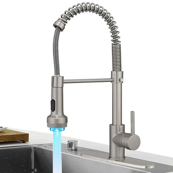 Hoimpro Grifo De Cocina Monomando De Níquel Cepillado Con Rociador Desplegable, Rotación De 360 ??Grados, 2 Funciones, Latón, Orificio Único O 3