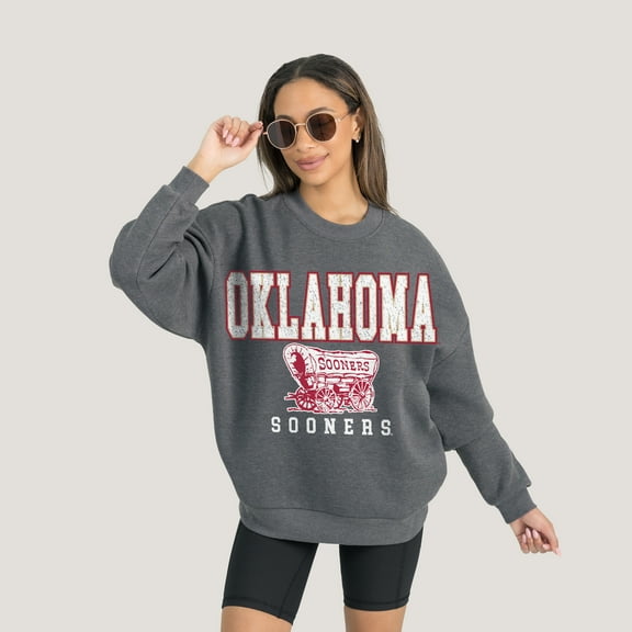 Women's Gameday Couture Heather Charcoal Oklahoma Sooners Oversized Distressed Fleece Pullover Sweatshirt