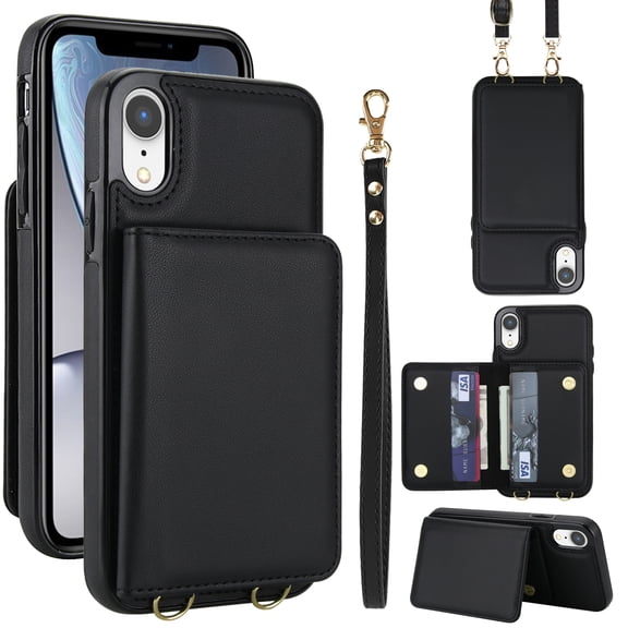 Allytechgroup Wallet Case for iPhone XR, Built-in Card Holder & Shoulder Strap & Wrist Strap Slim Shockproof Protective Full Body Cover Bumper for iPhone XR, Black