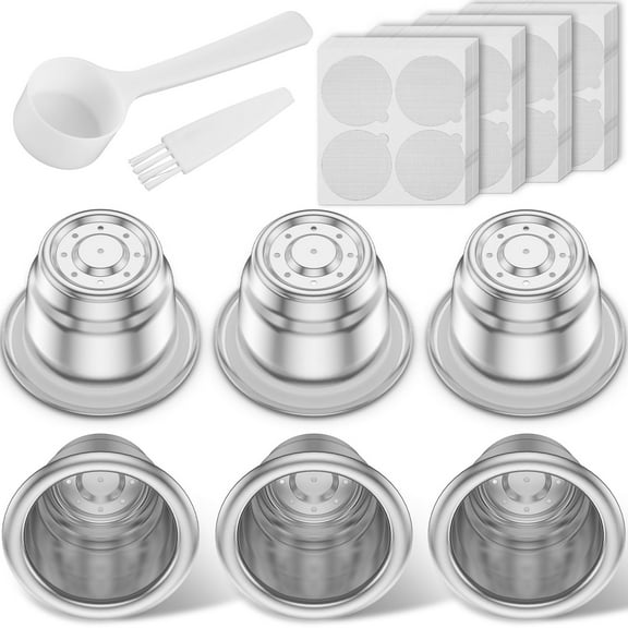 Ikoopy 6Pcs Reusable Espresso Capsules 304 Stainless Steel Refillable Coffee Pods with 200 Aluminum Foils Seals Reusable Coffee Capsule Kit with Brush Spoon for Some Portable Coffee Machines