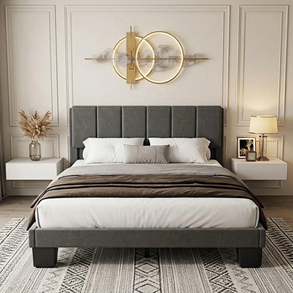 Kbun Full Size Platform Bed Frame with Fabric Upholstered Headboard, No Box Spring Needed,Wooden Slats Support, Easy Assembly,Grey