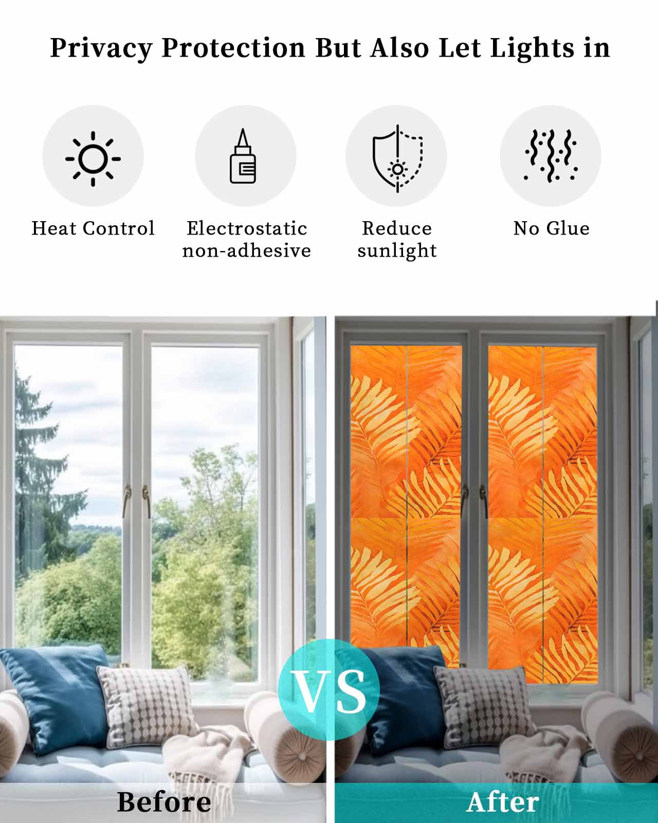 Window Privacy Film Orange Leaf Stained Glass Window Film Decorative Sun Block Window Cover Tropical Botanical Palm Leaf Modernism Window Clings Static Adhesive Sticker for Bathroom 29.5"x118"