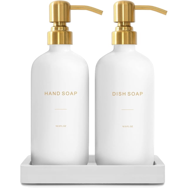 Juego de dispensador de jabón dorado Prus Waso, dispensador de jabón de vidrio con bomba de acero inoxidable, perfecto para la decoración moderna del mostrador de la cocina. (Oro)