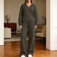 thumbnail image 6 of Xaqiouau Women's V-Neck Sweatshirt and Wide Leg Pants Set Loose Fit Long Sleeve Pullover Top High Waisted Drawstring Tracksuit Casual Lounge Wear 2 Piece Outfit Army Green L, 6 of 9