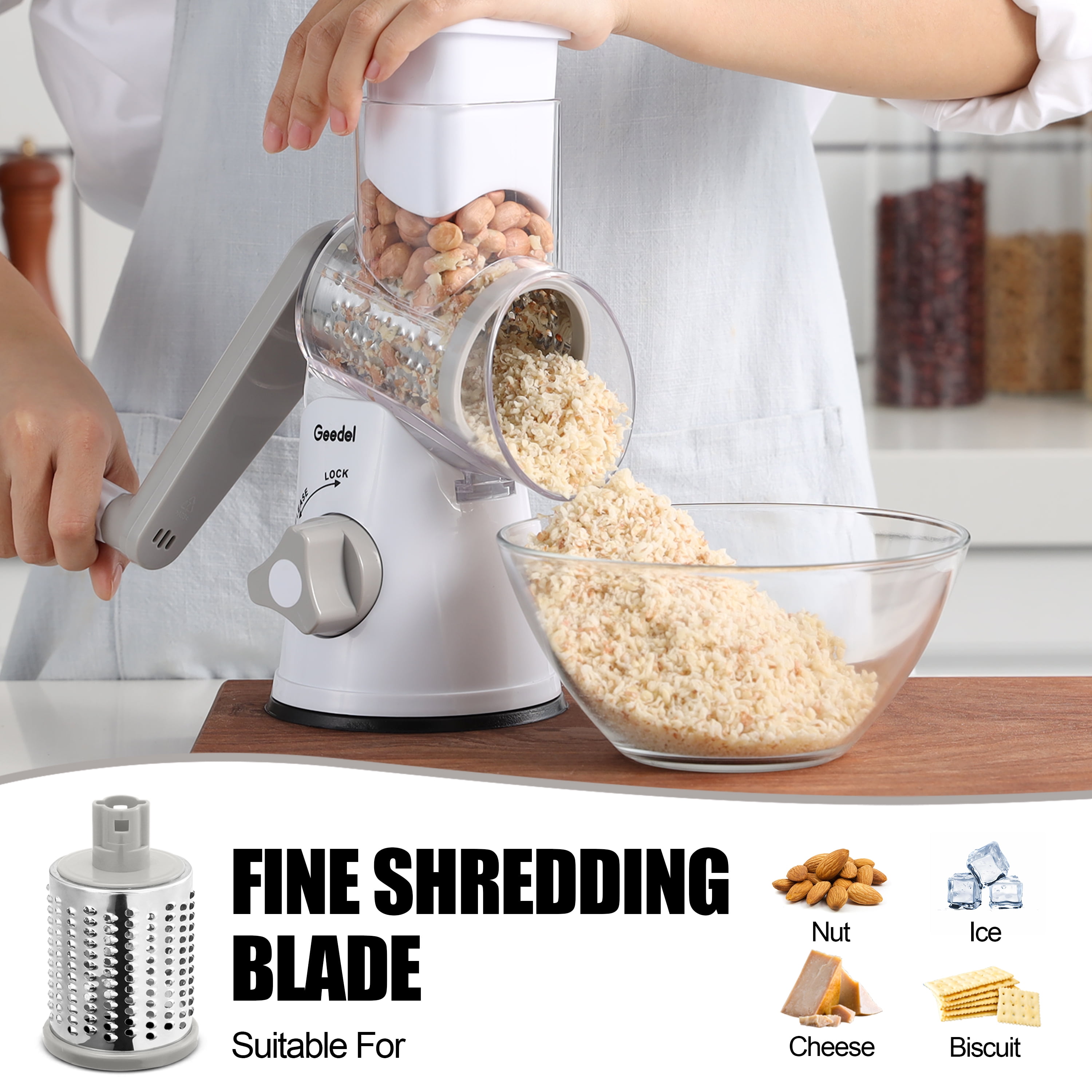 Geedel Rotary Cheese Grater, Kitchen Mandoline Vegetable Slicer with 3  Interchangeable Blades, Easy to Clean Grater for Fruit, Vegetables, Nuts  for Sale in Las Vegas, NV - OfferUp