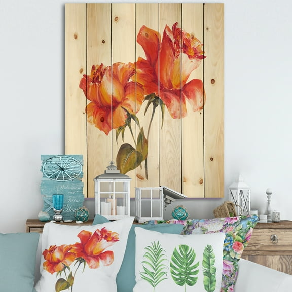 Designart 'Two Blossoming Red Roses On White' Traditional Print on Natural Pine Wood