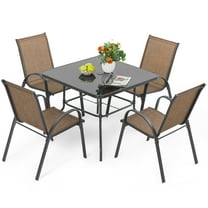 Nuu Garden 5 PCS Patio Dining Set, Metal Outdoor Table and Chairs, with 4 Stackable Chairs and 31.5" Square Table with Umbrella Hole, Outdoor Dining Set for Lawn, Balcony, Garden, Black and Brown