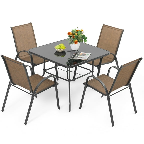 Nuu Garden 5 PCS Patio Dining Set, Metal Outdoor Table and Chairs, with 4 Stackable Chairs and 31.5" Square Table with Umbrella Hole, Outdoor Dining Set for Lawn, Balcony, Garden, Black and Brown