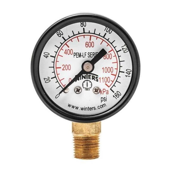 Lead-Free Pressure Gauge, 0 to 160 psi, 1 1/2 in Dial, 1/8 in NPT, Bottom Location PEM1321LF