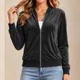 thumbnail image 2 of Kukoosong Women's Velvet Bomber Jacket, Long Sleeve Full Zip Up Stand Collar Velour Coat with Pockets, Slim Casual Lightweight Outerwear for Spring Fall Daily Wear, 2 of 7