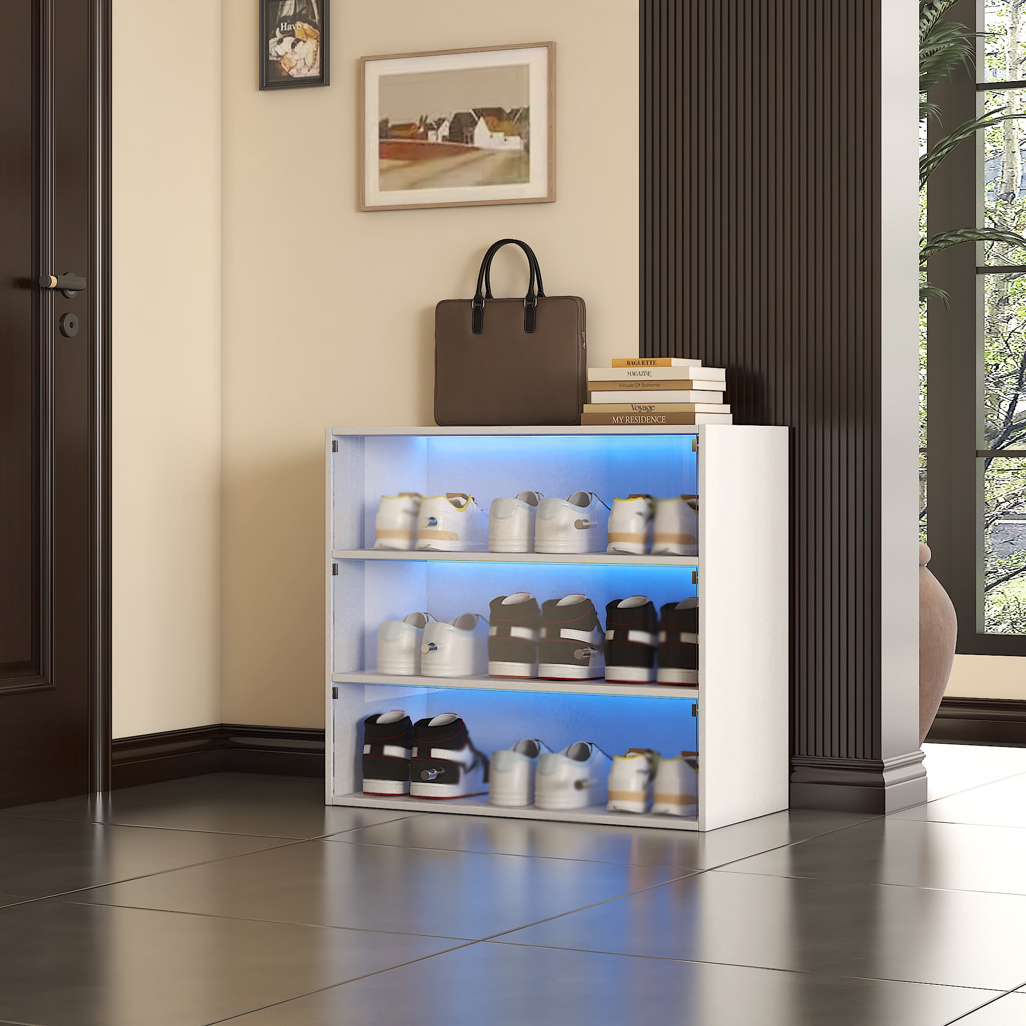 Shoe Boxes with LED Light,3 Tier Wooden Stackable Shoe Storage Box with Glass Door,White