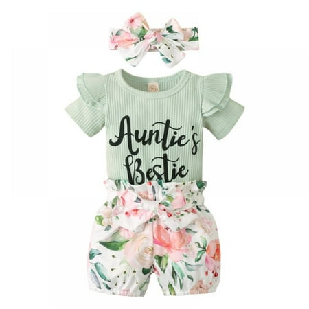 

3PCS Infant Toddler Baby Girl Clothes Ruffle Romper Bodysuit Floral Shorts and Headband Outfits