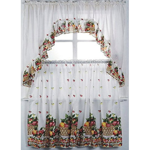 3pc Fruit Basket Kitchen Window Ruffle Rod Tier Curtains Swag