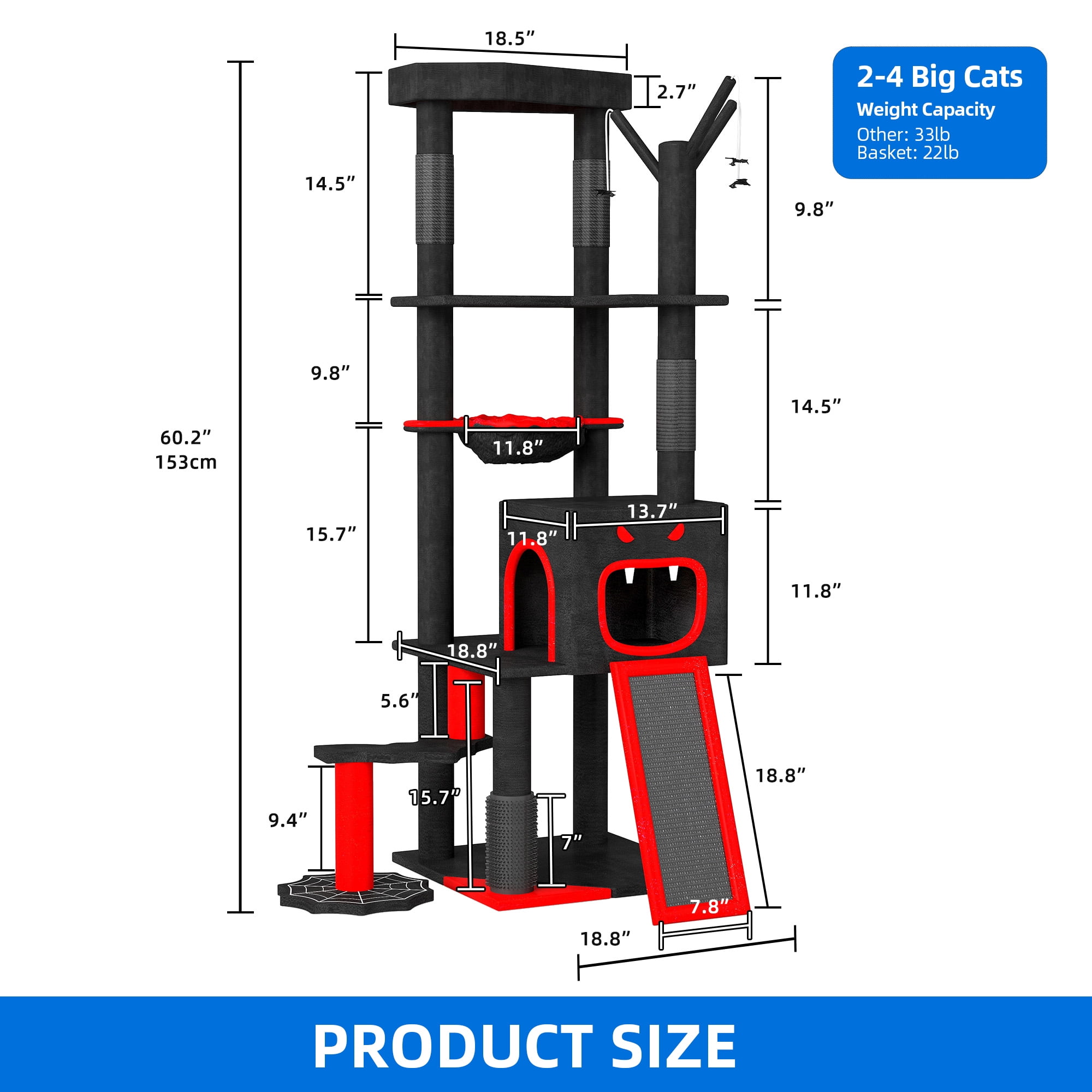 Dextrus 60" Gothic Cat Tree with Coffin Bed, Tall Halloween Cat Tower with Ladder & Sisal Scratching Posts, for Indoor Cats ,Black