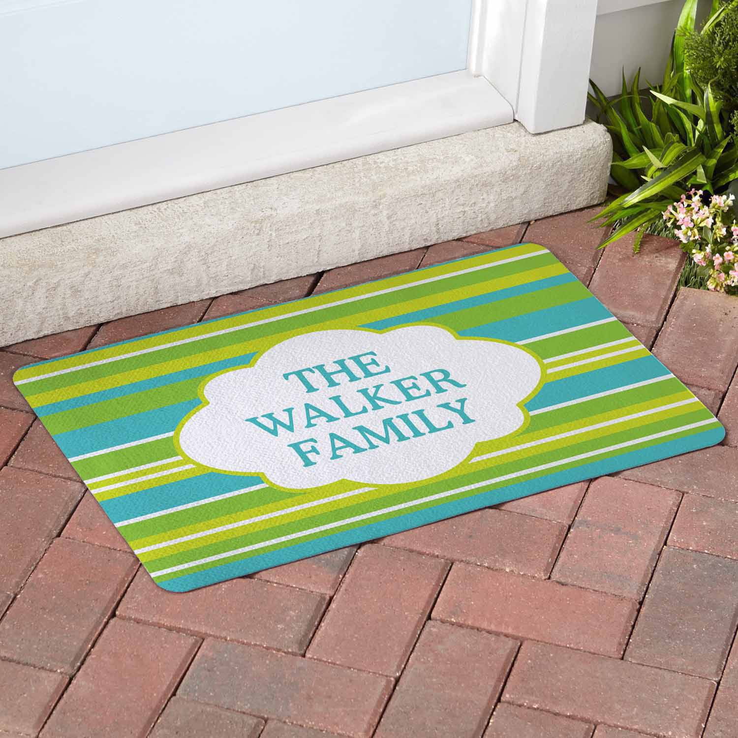 Personalized Summer Stripes Doormat Lime Green Available