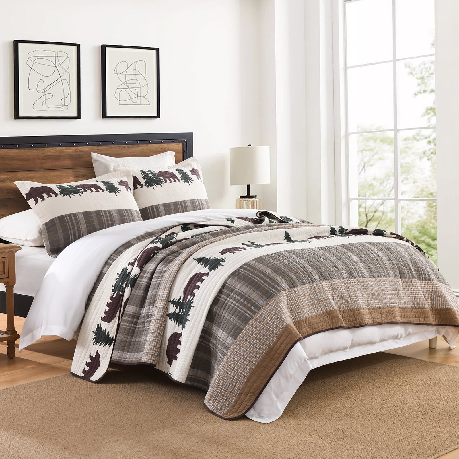 Bedduvit Rustic Lodge Queen Quilt - 100% Organic Cotton Quilt Sets, Cabin Animal Farmhouse Lightweight Bedspread for Queen Beds, Bear Tree Brown White Striped Cottage Bedding Set with 2 Pillow Shams