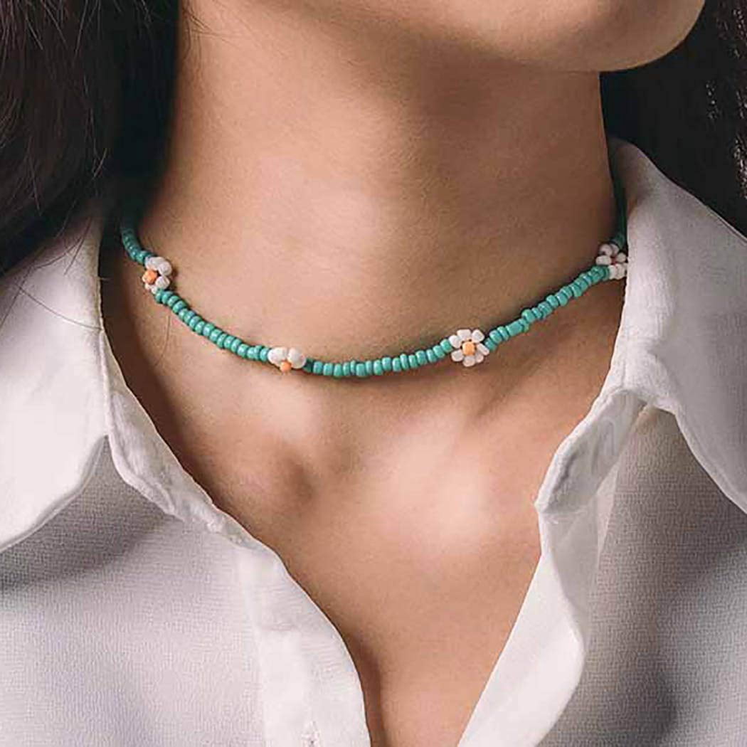 Dainty Beaded Necklaces Daisy Blue 