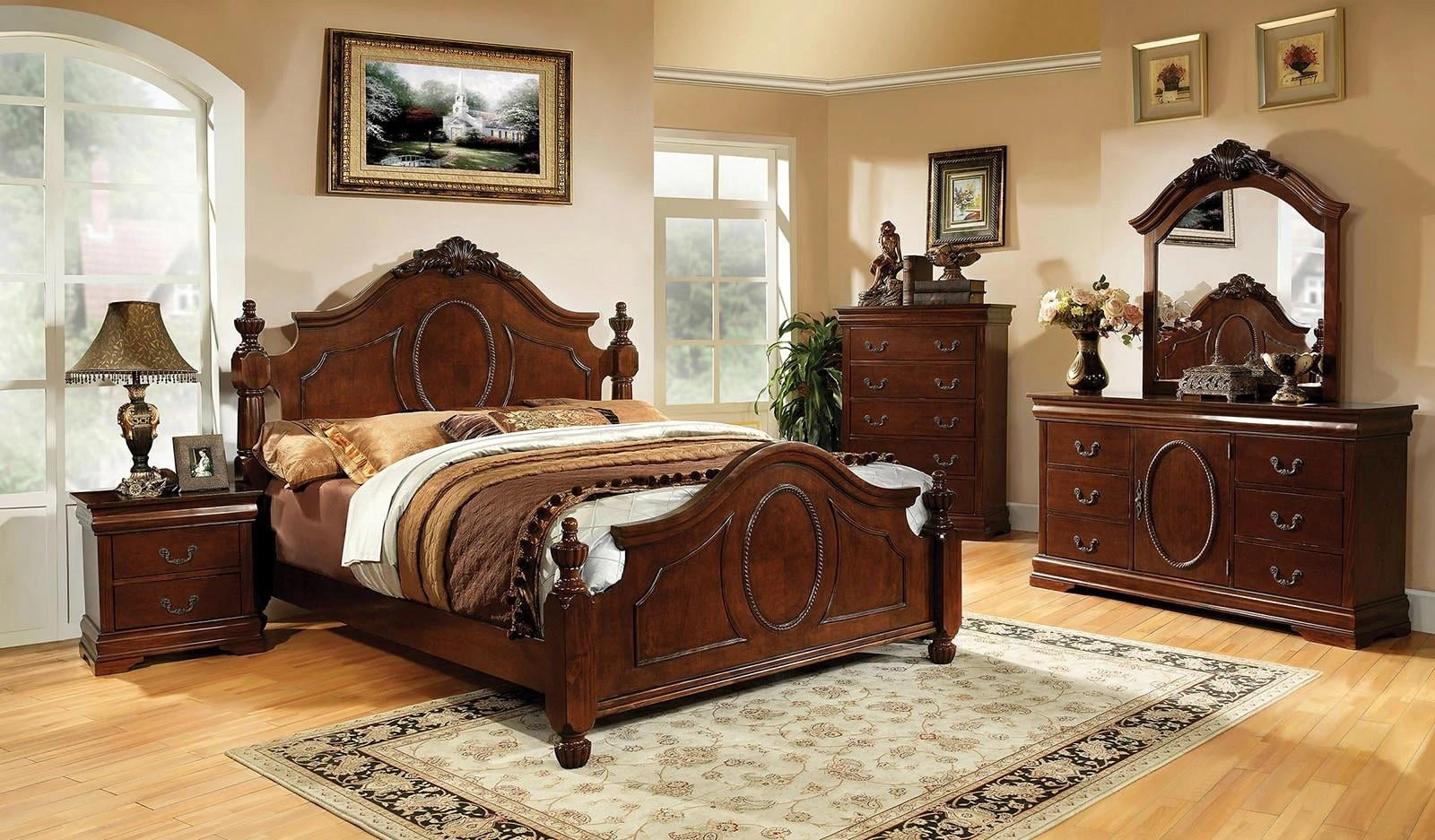 Traditional Brown Cherry Solid Wood Queen Bedroom Set 5pcs FOA CM7952-Q Velda - Walmart.com