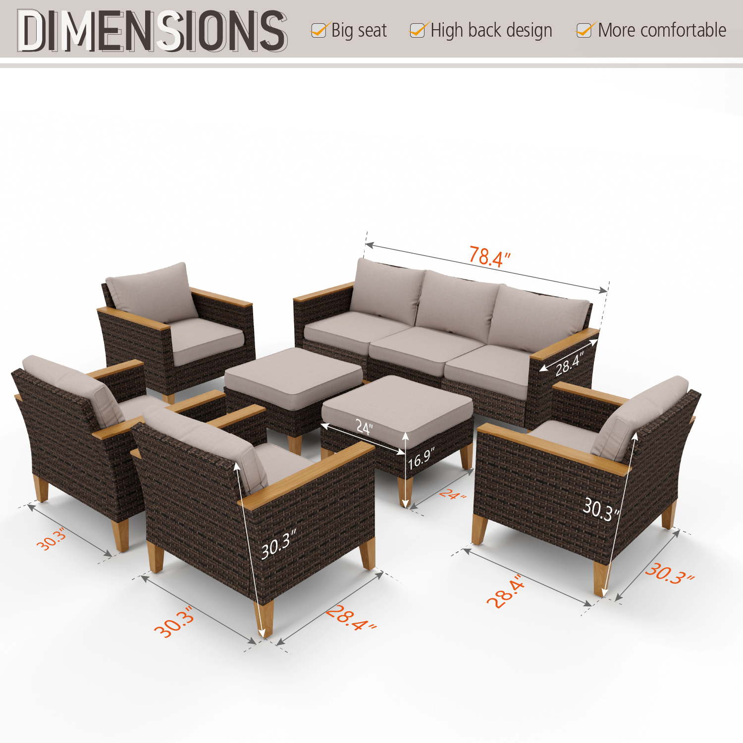 Summit Living 9 Piece Outdoor Patio Conversation Set Outdoor Furniture Sectional Wicker Sofa Set with Beige Cushions