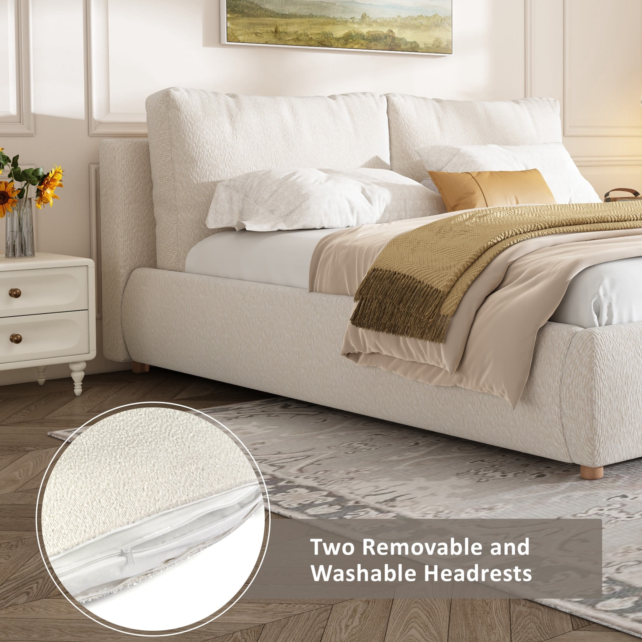 Christopher Knight Home King Upholstered Storage Bed, Hydraulic Lift Platform, Removable Headrests, Cream White