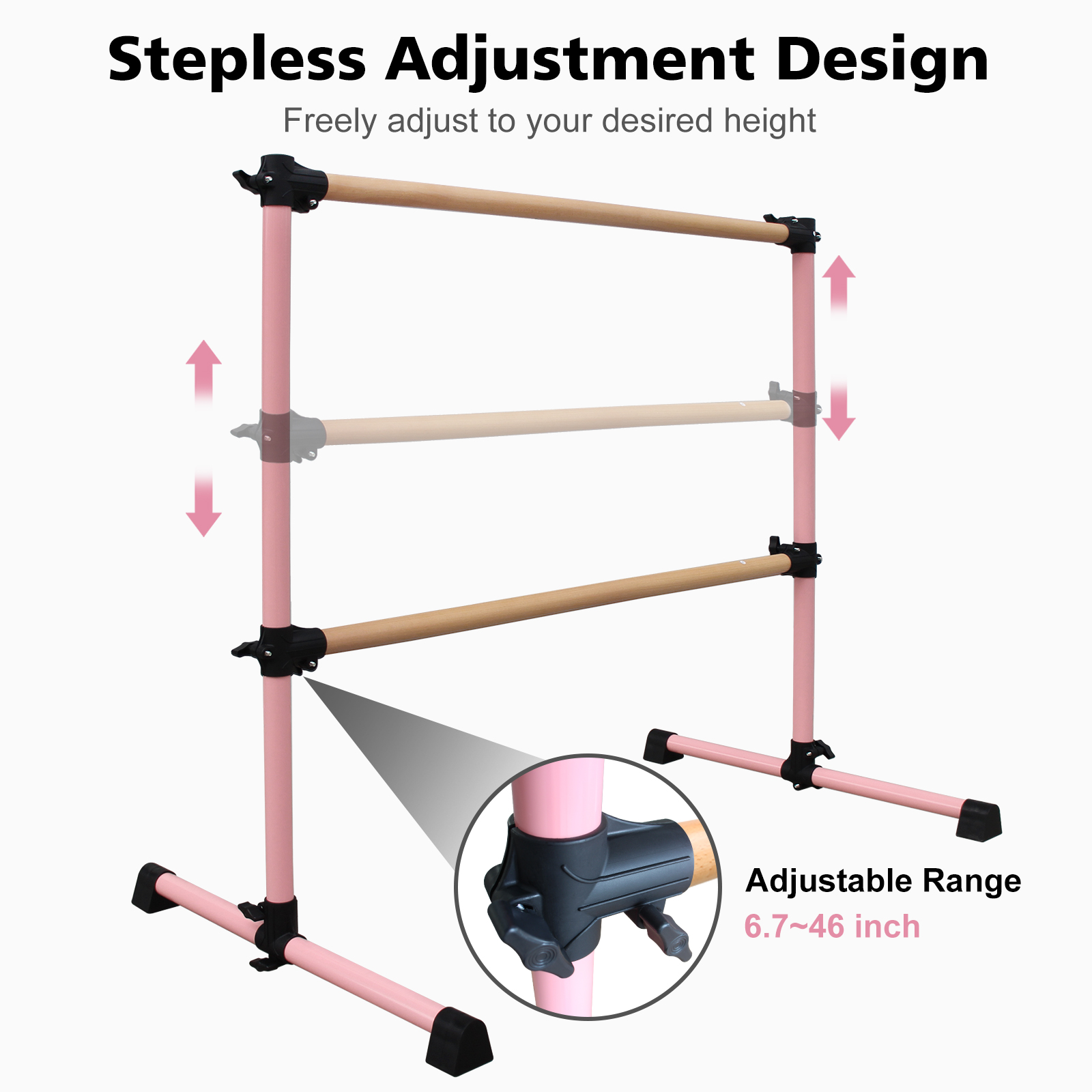 Solid Wood Ballet Barre 4FT with Adjustable Height 6.7-46 Inches, Professional Dance Practice Barre with Rotatable Base for Home, Studio, Adjustable, Pink