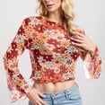thumbnail image 2 of XIAONU Women's Floral Mesh Bell Sleeve Crop Top Slim Long Sleeve Crewneck Pullover Tops Sheer Retro Party Blouse, 2 of 4