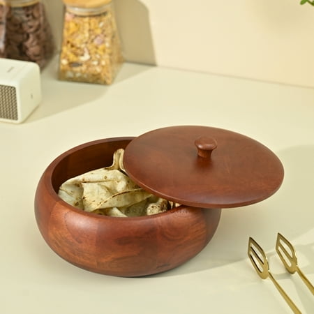 Brick Brown ® Handcrafted Premium Mahogany Finish Roti Casserole for Kitchen | Round Hot Pot, Roti Dabba with Lid | Casserole, 8.75x8.75x4.75 Inch,Brown,1640 ML,Wood