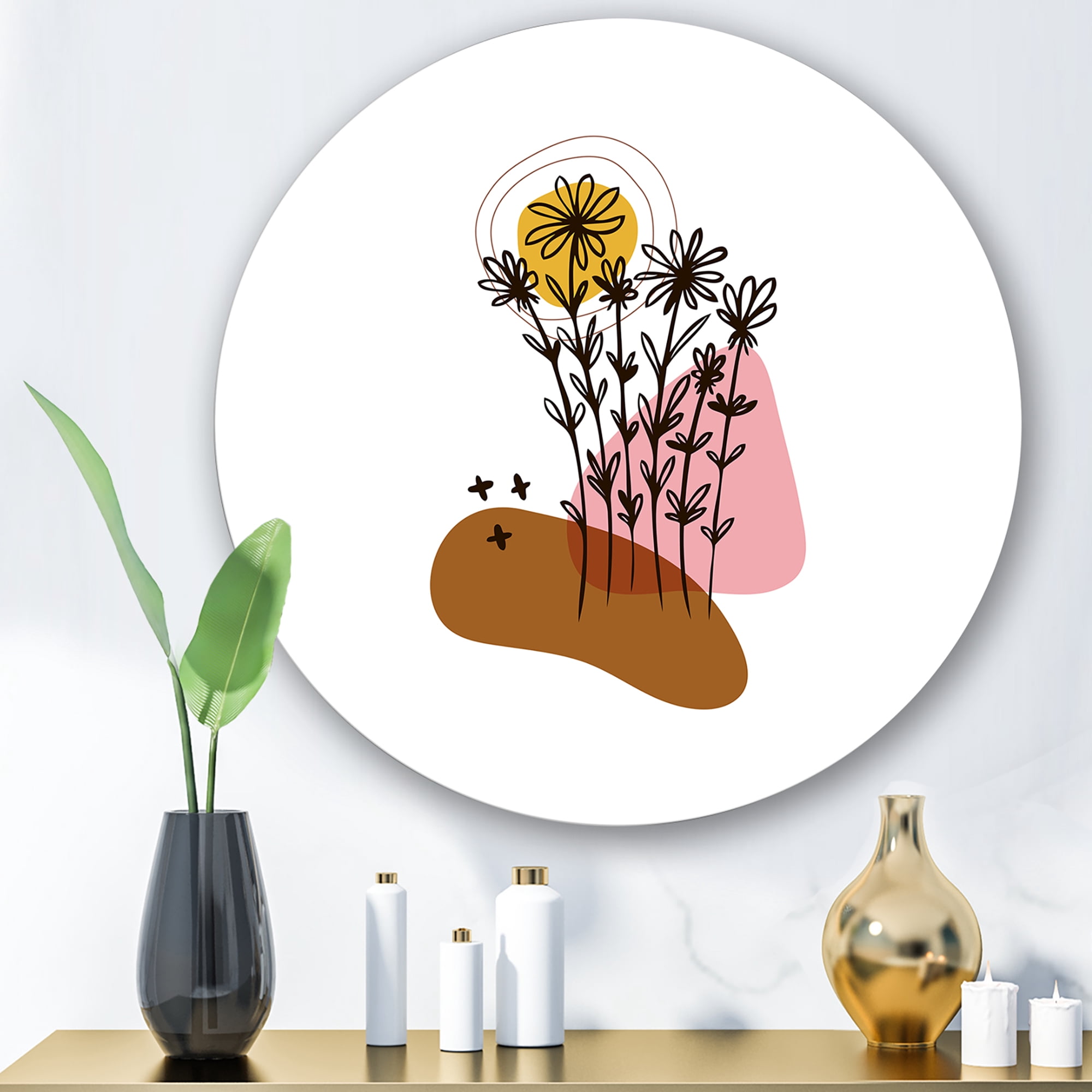 Designart 'Abstract Flowers Plants With Elementary Shapes I' Modern Circle Metal Wall Art 11x11 - Disc of 11