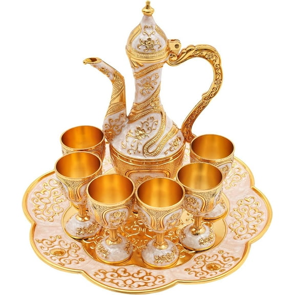 Complete Tea Set with 1 Teapot, 6 Tea Cups & 1 Tea Tray Vintage Teapot (7.4 oz) Teapot and Cups Set with Exquisite Relief Patterns for Serving Tea, Coffee, Wine (White, Gold)