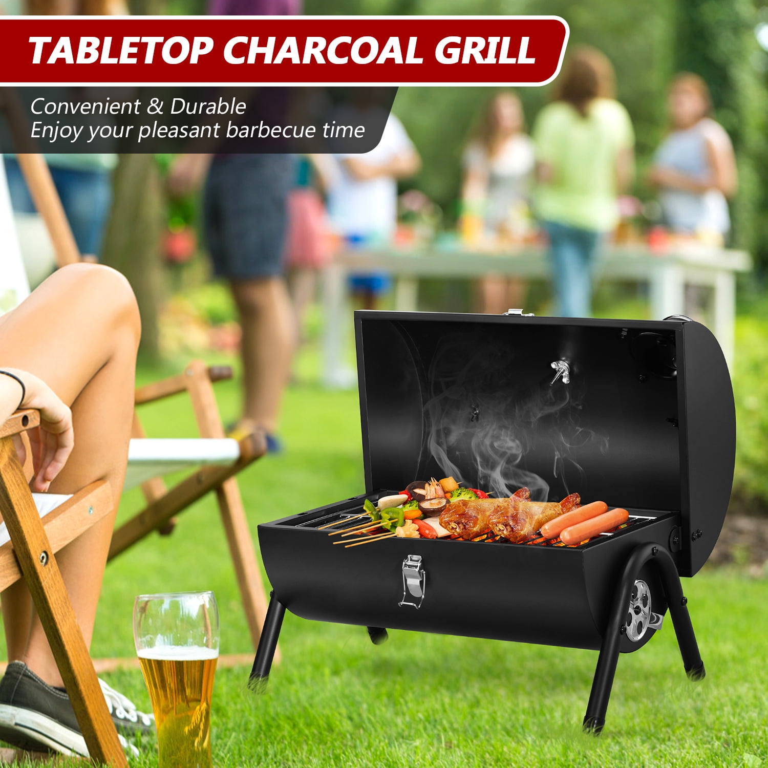 Walchoice Tabletop Charcoal Grill with Thermometer & Chimney, Small Portable Barbecue Grill for Outdoor Cooking Camping Picnic Backyard Beach - Black