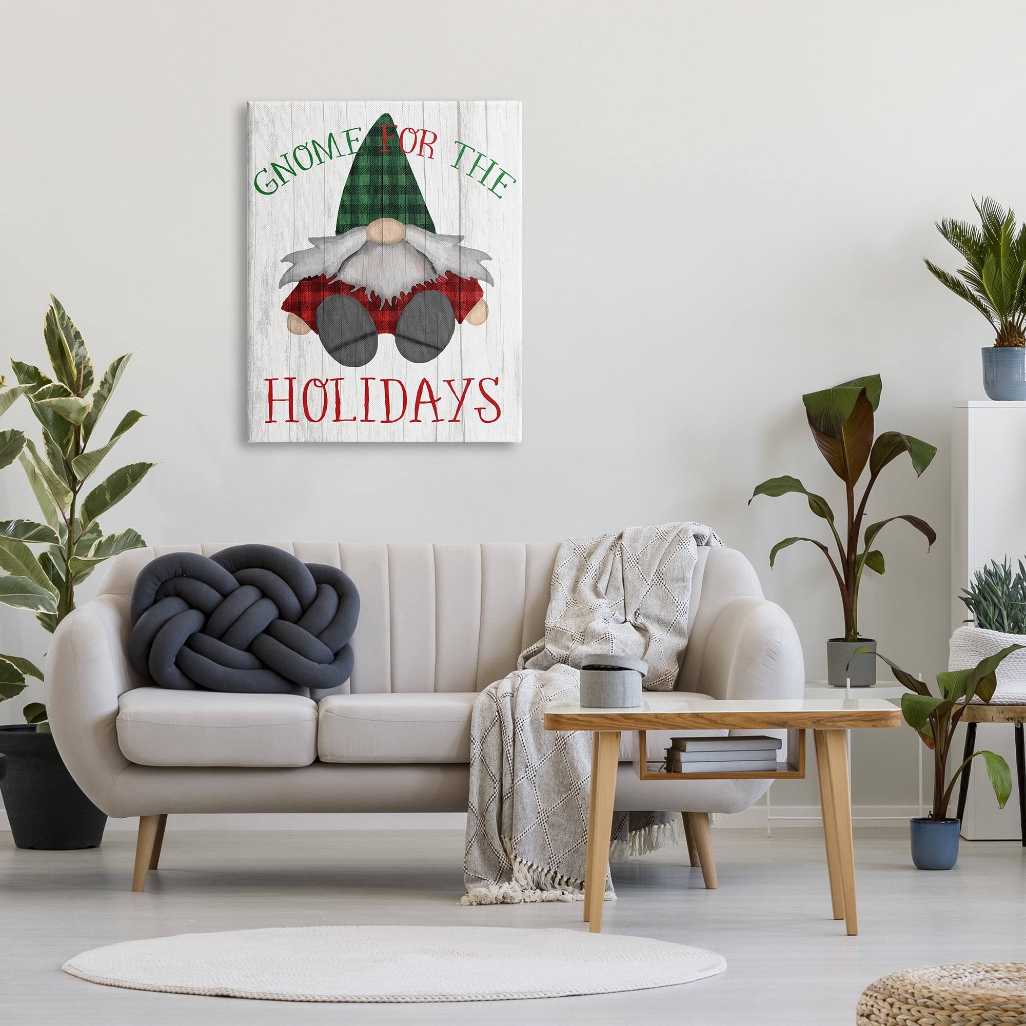 Design by Daphne Polselli Stupell Indtries Gnome for the Holidays Festive Garden Elf Plaid 30 in x 40 in Painting Canvas Art Print, by Stupell Home Décor