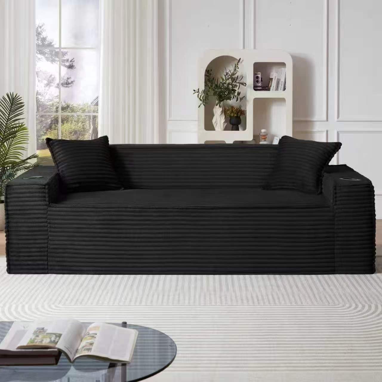 80.7" Boneless Sofa Couches with Cup Holder,3 Seat Couch with Side Pocket, Cloud Couch for Compact Living Rooms, Apartments，Black