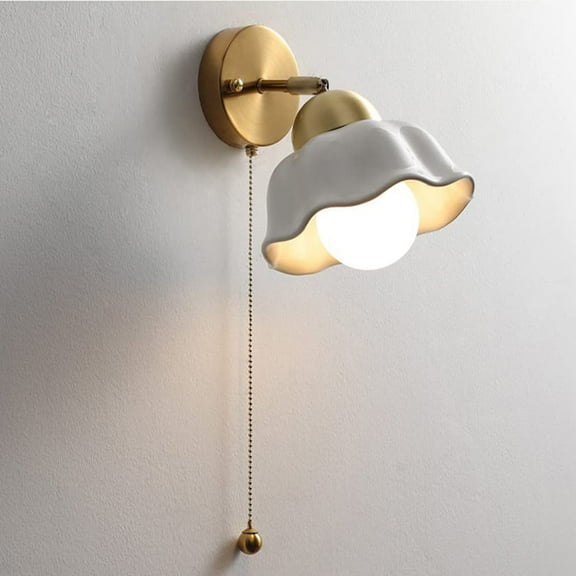 White Ceramic Wall Lamps Nordic Wall Sconce Lighting with Pull Chain Switch, Copper Bedside Reading Wall Light Fixtures for Living Room Bedroom Headboard, E27 Socket