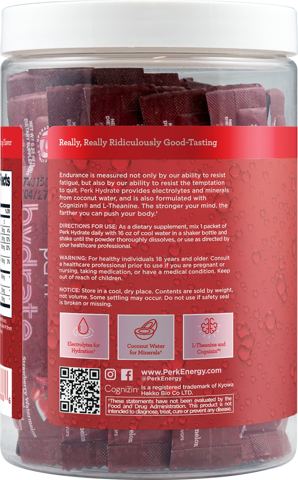 Perk Hydrate Electrolyte Stickpacks (Strawberry Watermelon) 20 Packets - Coconut Water, CDP-Choline, L-Theanine, Gluten-Free, Keto Friendly, Vegan