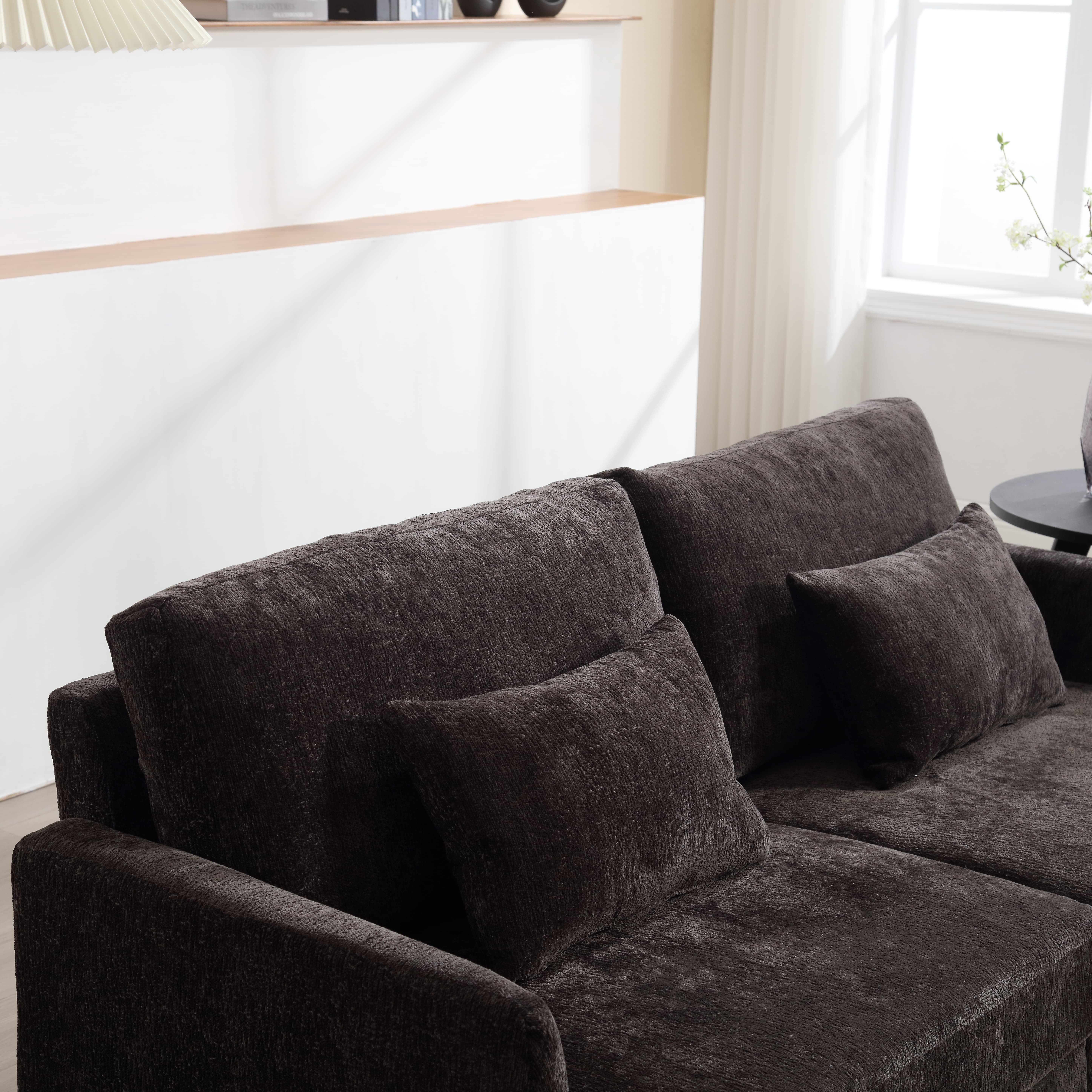 MAYEERTY Mid Century Modern chenille Fabric Loveseat sofa, 2-Seat Upholstered Loveseat Sofa Modern Couch for Living Room,Brown wood feet sofa for Bedroom, Reading (Black Chenille)