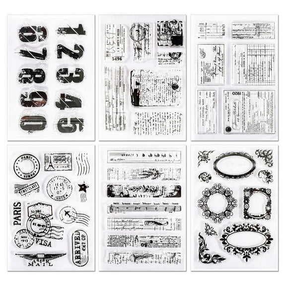 LELE LIFE 6 Sheets Vintage Clear Stamps, Retro Rubber Stamps, Transparent Silicone Stamps for Crafting Card Making DIY Scrapbooking Journaling