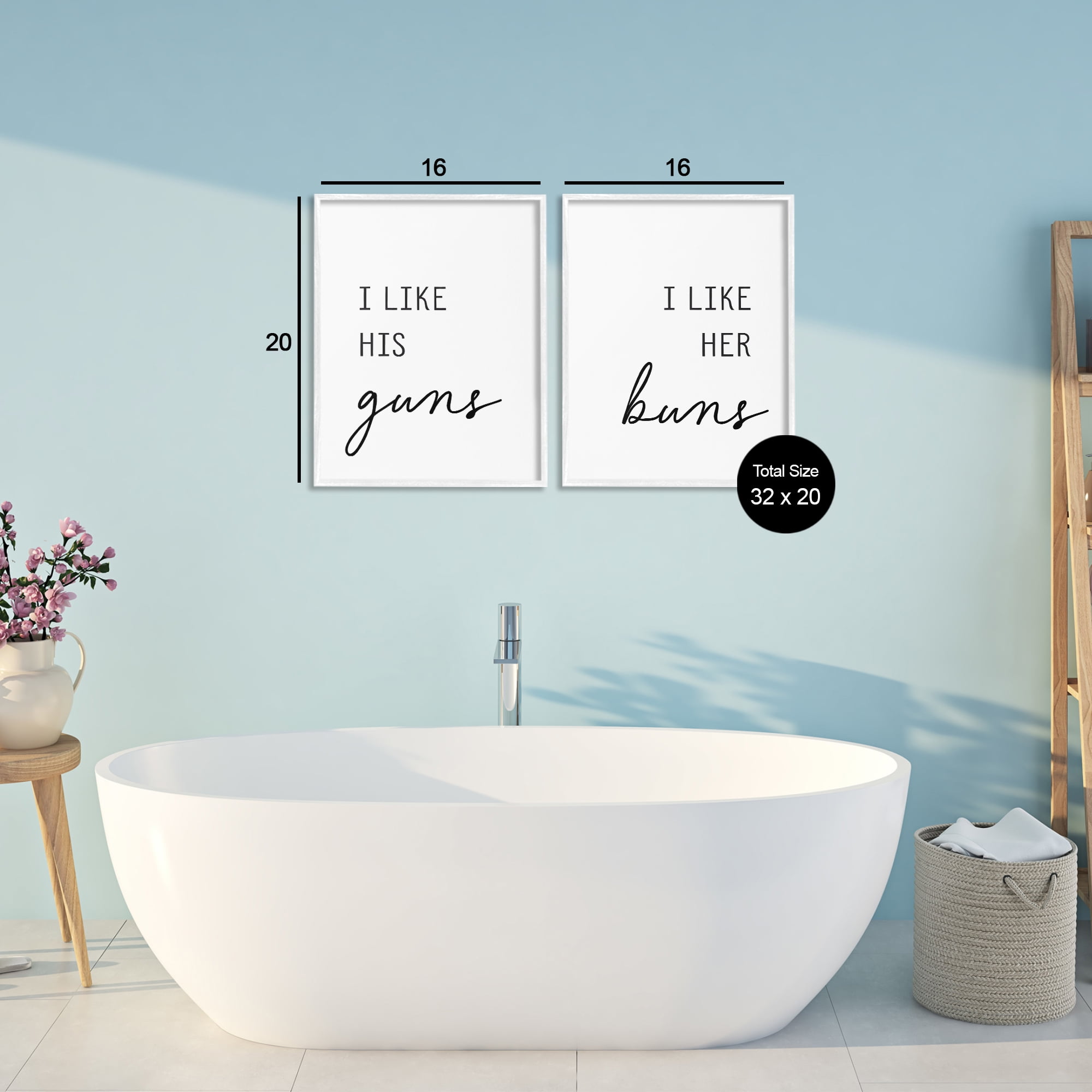 Like His Guns & Her Buns 2 Piece White Framed Giclee Art Set, design by Lettered and Lined