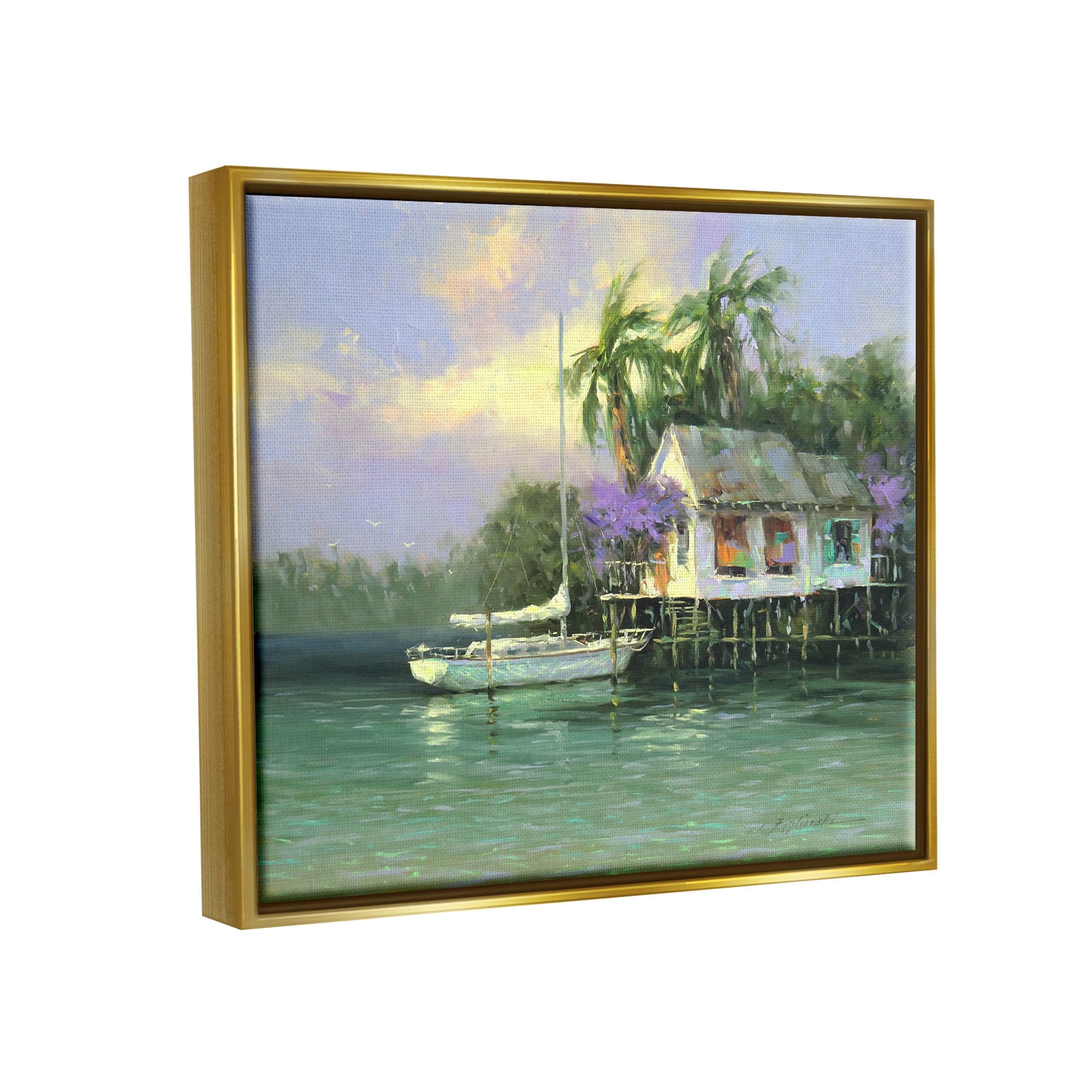 Summer Ocean Pier Palm Trees Landscape Painting Metallic Gold Framed Art Print Wall Art