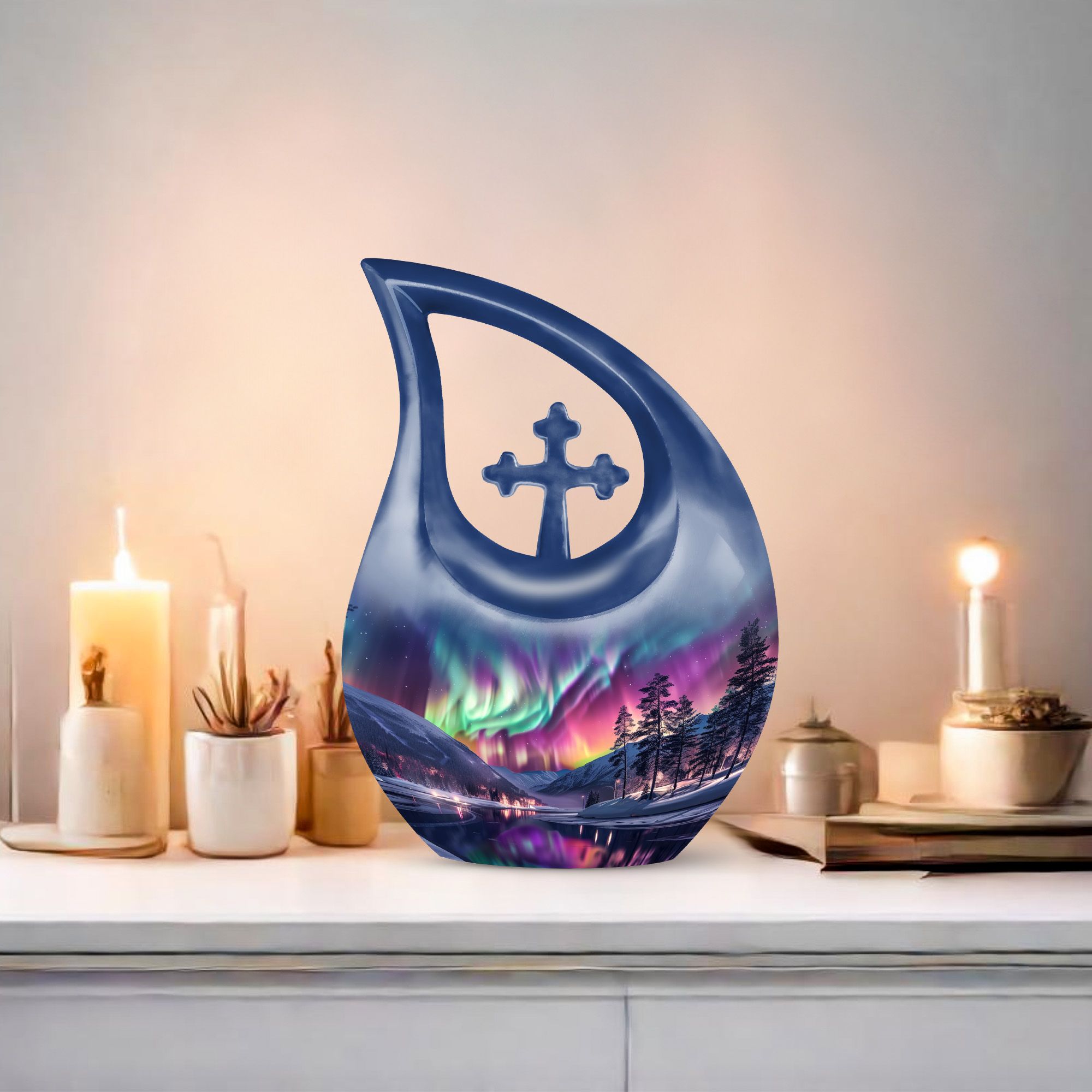MUKTIVE Aurora Borealis Memorial Urns for Adult Male - Large Purple Funeral Urn for Ashes for Women - Cross Drop Cremation Urn - Decorative Northern Light Urns for Burial - 10 Inch
