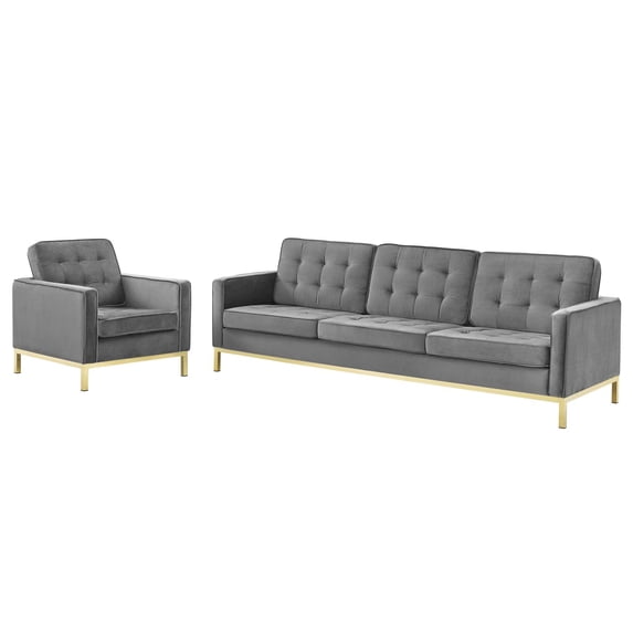 Armchair and Sofa Set, Velvet, Steel, Gold Grey Gray, Modern Contemporary Urban Design, Living Lounge Room Hotel Lobby Hospitality