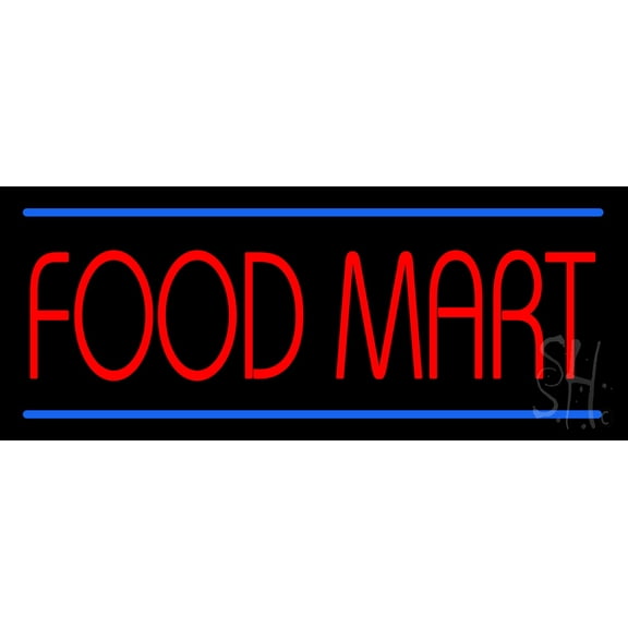 Food Mart LED Neon Sign 13 x 32 - inches, Black Square Cut Acrylic Backing, with Dimmer - Bright and Premium built indoor LED Neon Sign for restaurant window and interior decor.