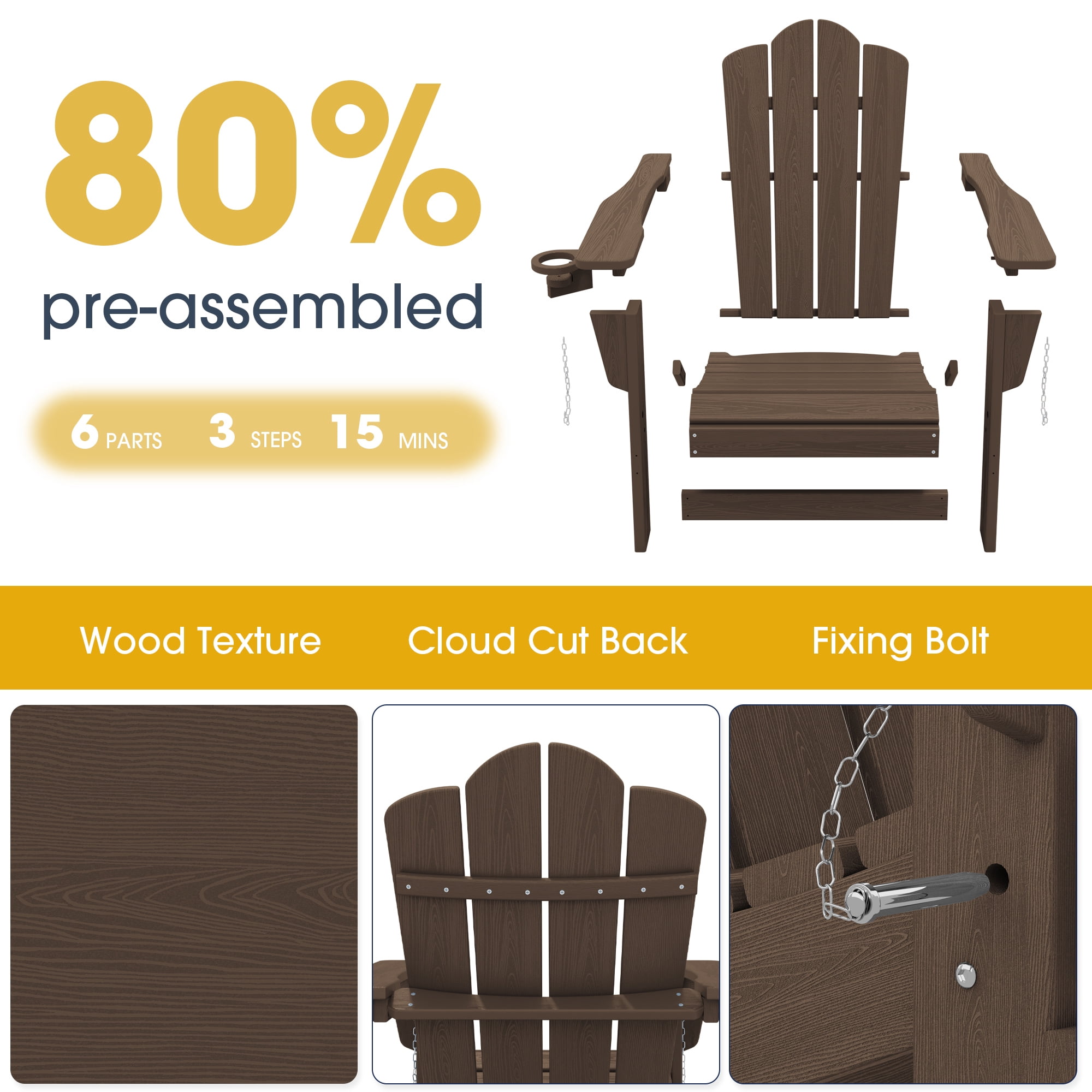 KINGYES Folding Adirondack Chair with Cup Holder, HDPE All-Weather Folding Adirondack Chair, Fir Pit Chairs for Patio Garden Backyard