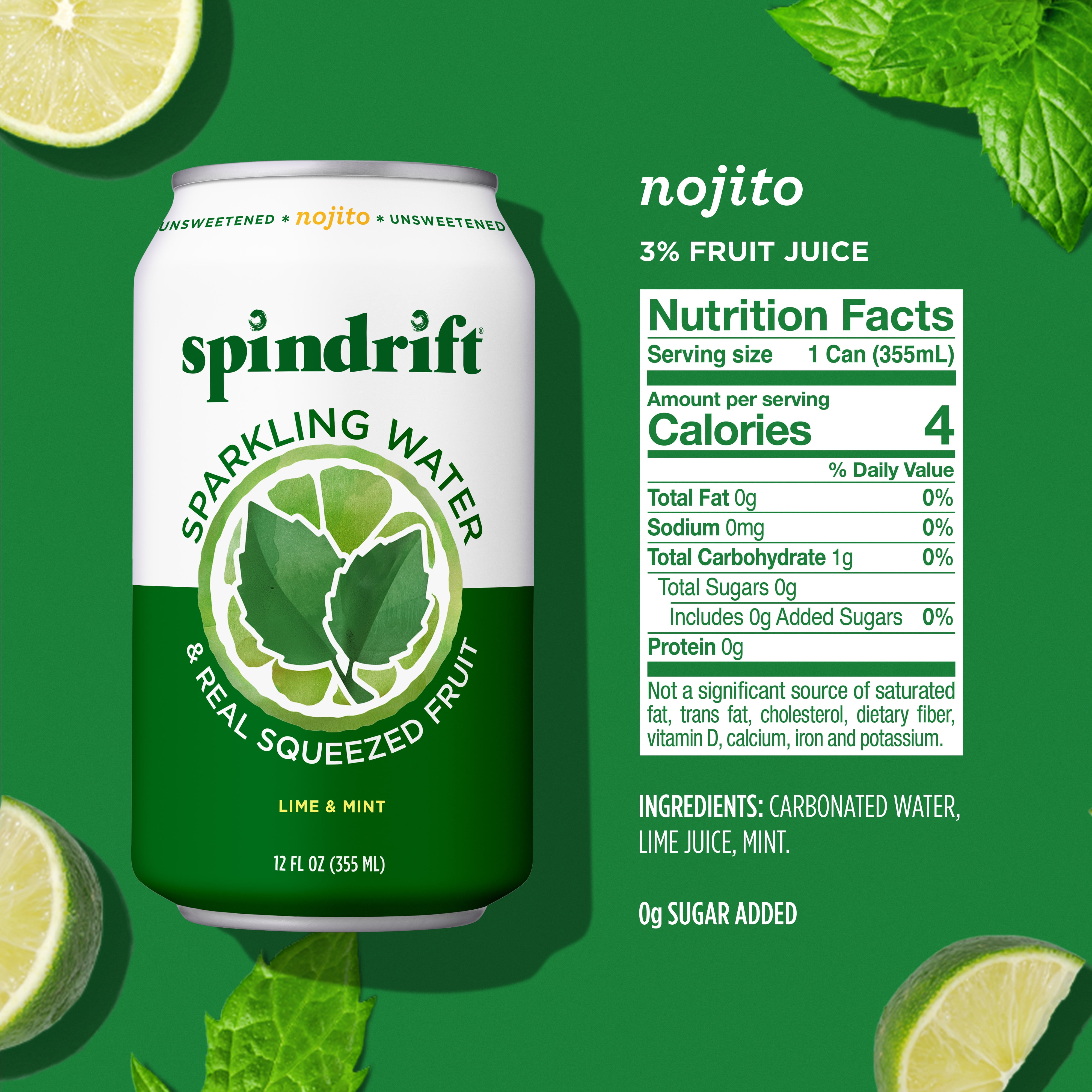 Spindrift Sparkling Water Nojito, Lime and Mint No sugar added